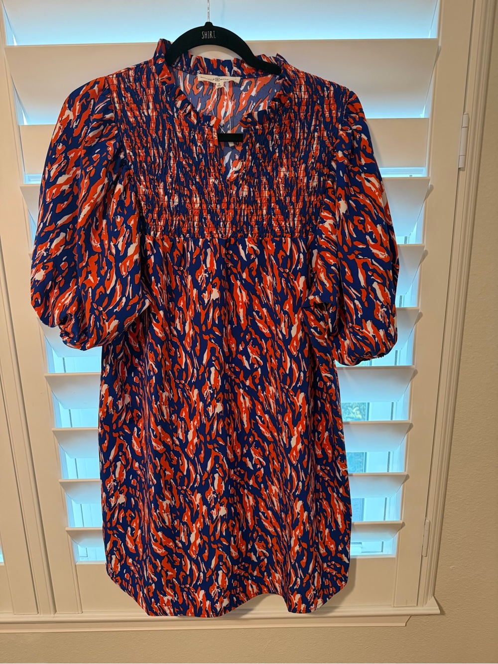 Smocked Yoke dress in Blue & Orange Abstract Print